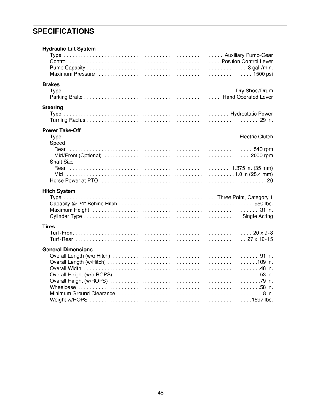 Cub Cadet 7252 manual Hydraulic Lift System, Brakes, Steering, Power Take-Off, Hitch System, Tires, General Dimensions 