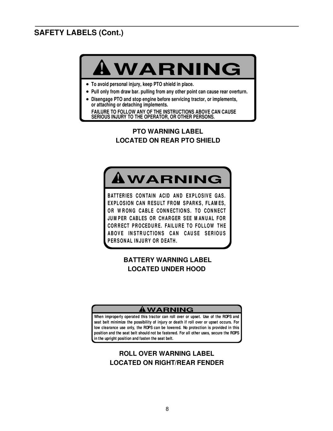 Cub Cadet 7252 manual PTO Warning Label Located on Rear PTO Shield, Battery Warning Label Located Under Hood 