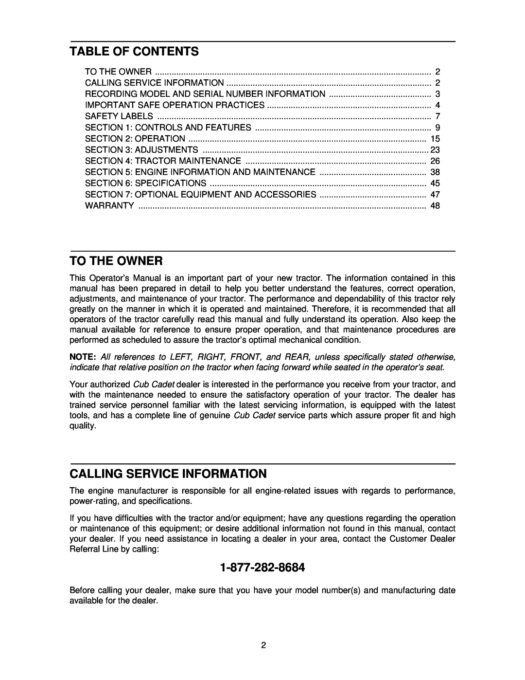 Cub Cadet 7252 manual Table Of Contents, To The Owner, Calling Service Information 