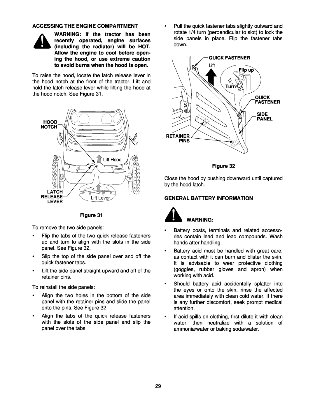 Cub Cadet 7252 manual Accessing The Engine Compartment, General Battery Information 