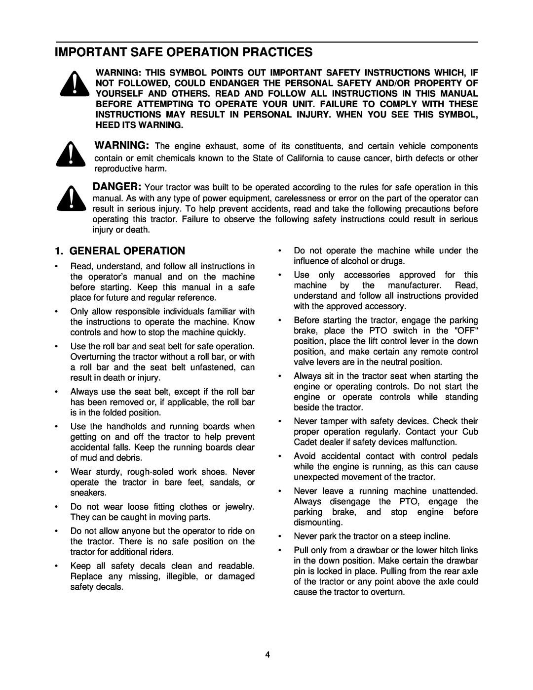 Cub Cadet 7252 manual Important Safe Operation Practices, General Operation 