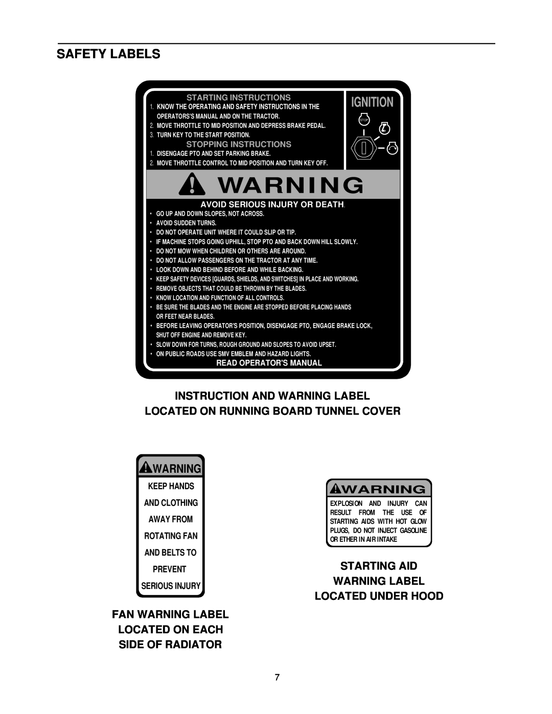 Cub Cadet 7252 Warni Ng, Safety Labels, Instruction And Warning Label, Located On Running Board Tunnel Cover, Starting Aid 