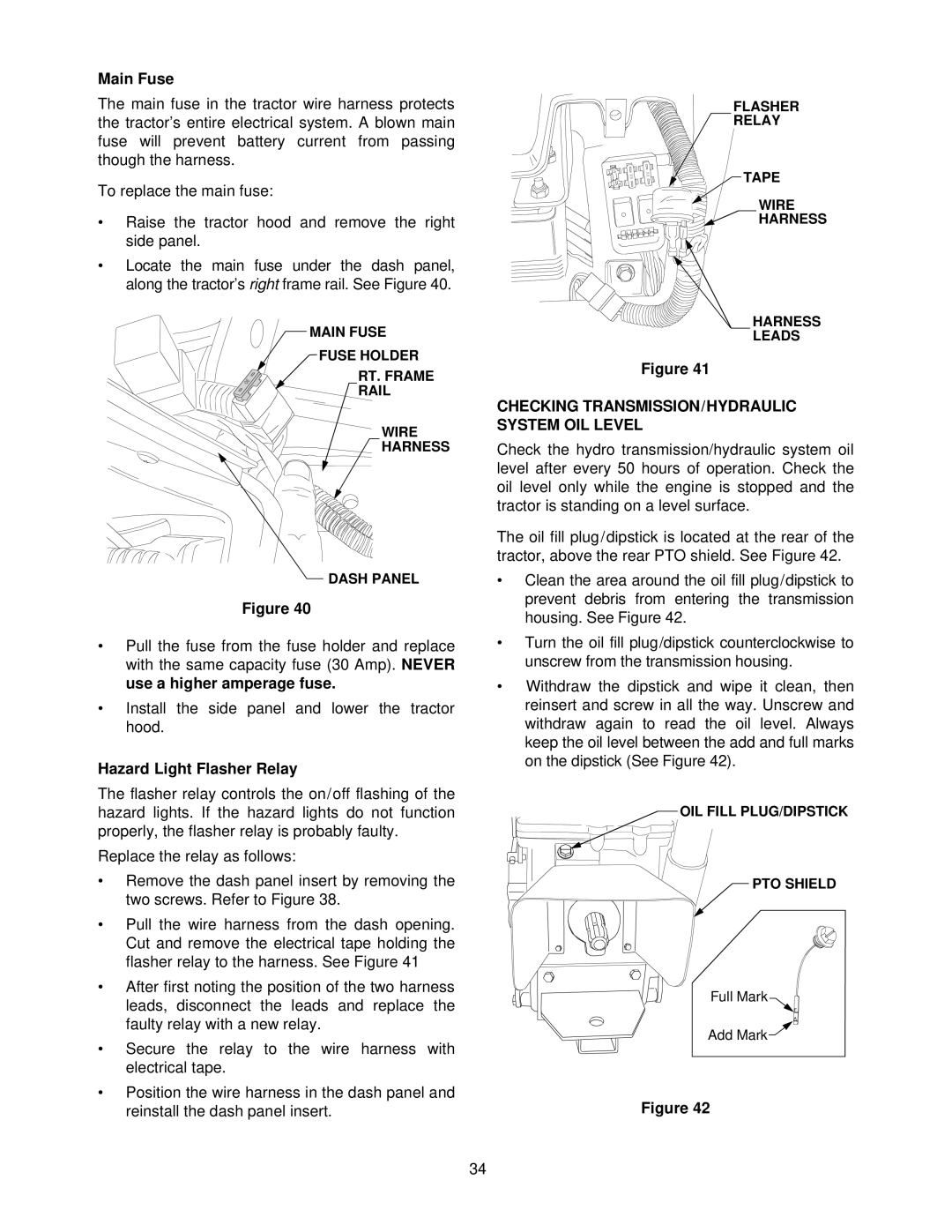 Cub Cadet 7254 manual Main Fuse, Hazard Light Flasher Relay, Checking TRANSMISSION/HYDRAULIC System OIL Level 