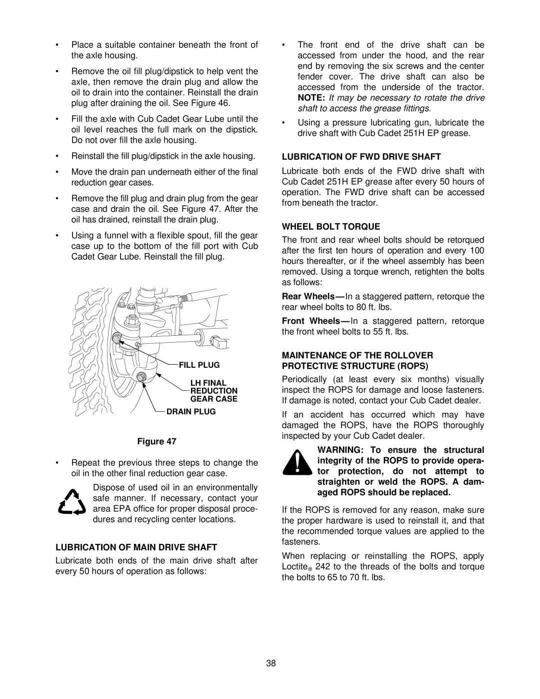 Cub Cadet 7254 manual Lubrication of Main Drive Shaft, Lubrication of FWD Drive Shaft, Wheel Bolt Torque 