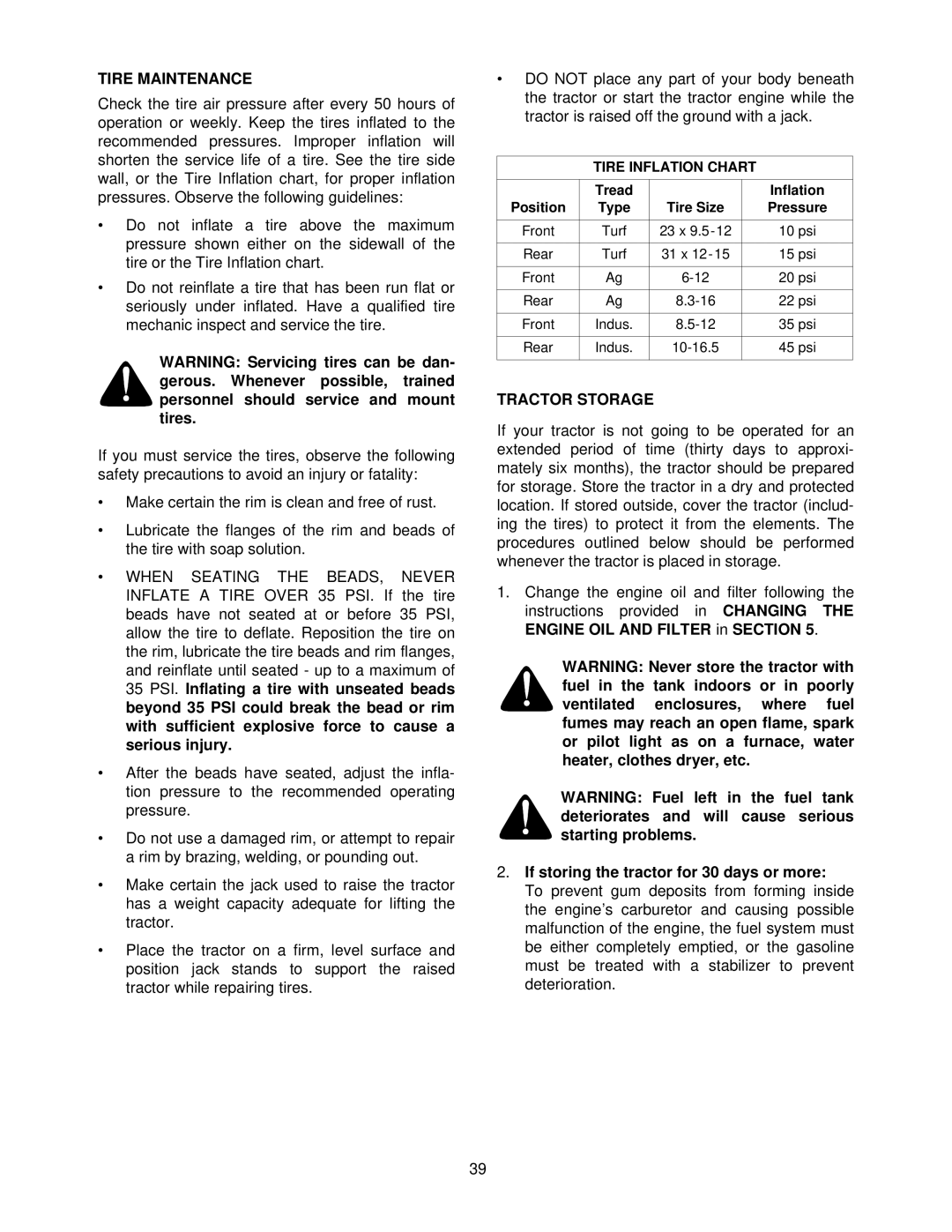 Cub Cadet 7254 manual Tire Maintenance, Tractor Storage, If storing the tractor for 30 days or more 