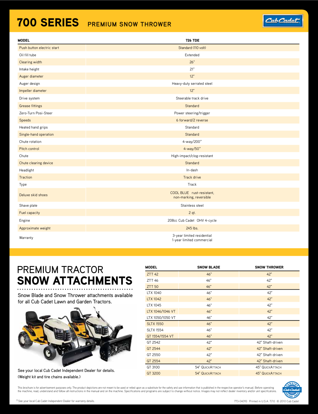 Cub Cadet 726 TDE manual Snow Attachments, Premium Tractor, Series Premium Snow Thrower 