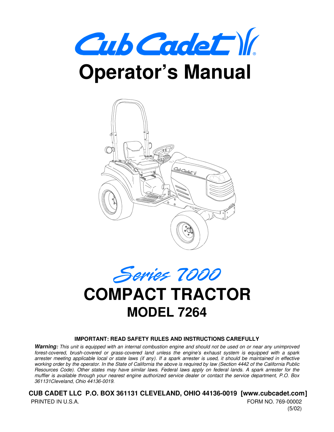 Cub Cadet 7264 manual Operator’s Manual, Important Read Safety Rules and Instructions Carefully 