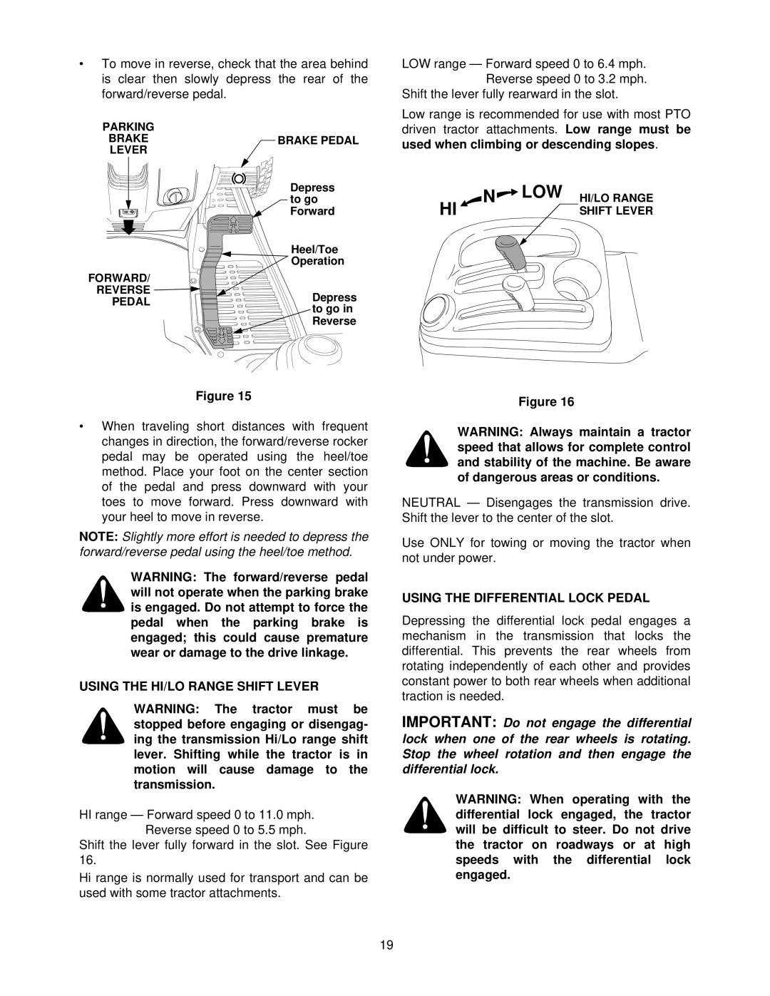 Cub Cadet 7264 manual Using the HI/LO Range Shift Lever, Using the Differential Lock Pedal 