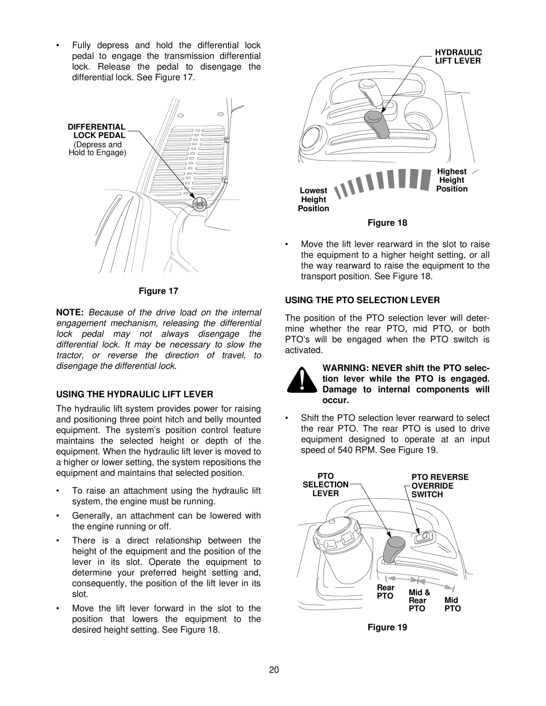 Cub Cadet 7264 manual Using the Hydraulic Lift Lever, Using the PTO Selection Lever 