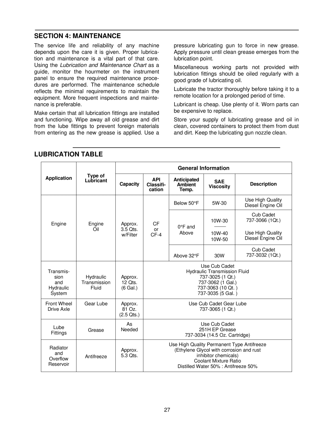 Cub Cadet 7264 manual Maintenance, General Information 