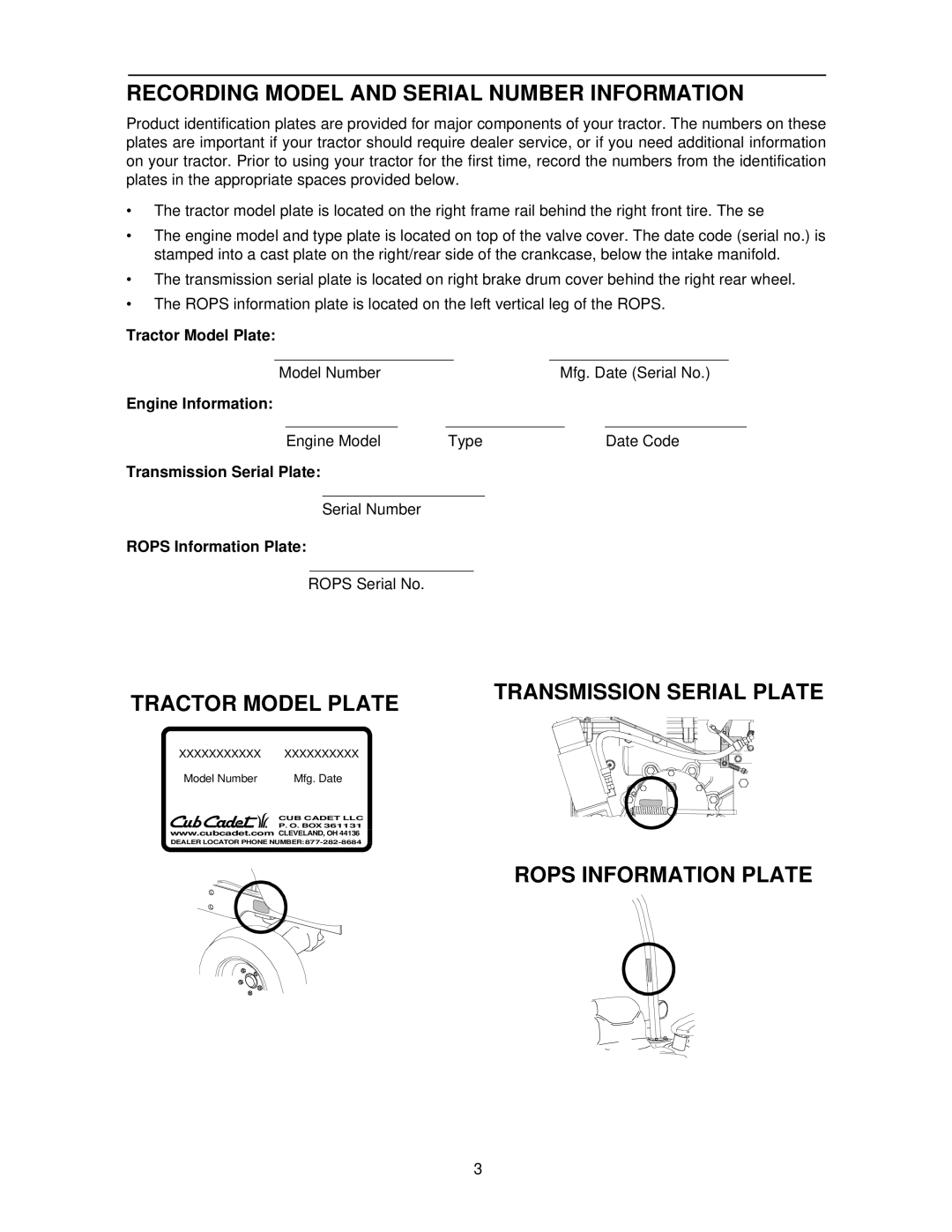 Cub Cadet 7264 manual Recording Model and Serial Number Information, Tractor Model Plate, Rops Information Plate 