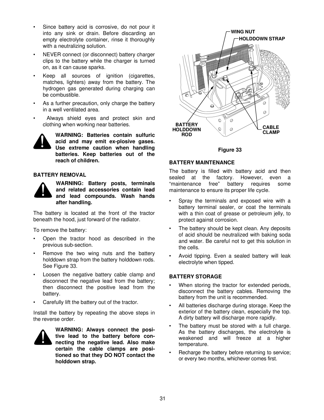 Cub Cadet 7264 manual Battery Removal, Battery Maintenance, Battery Storage 