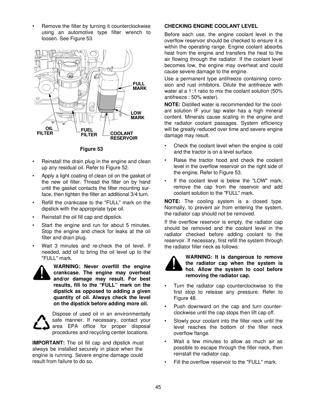 Cub Cadet 7264 manual Checking Engine Coolant Level 