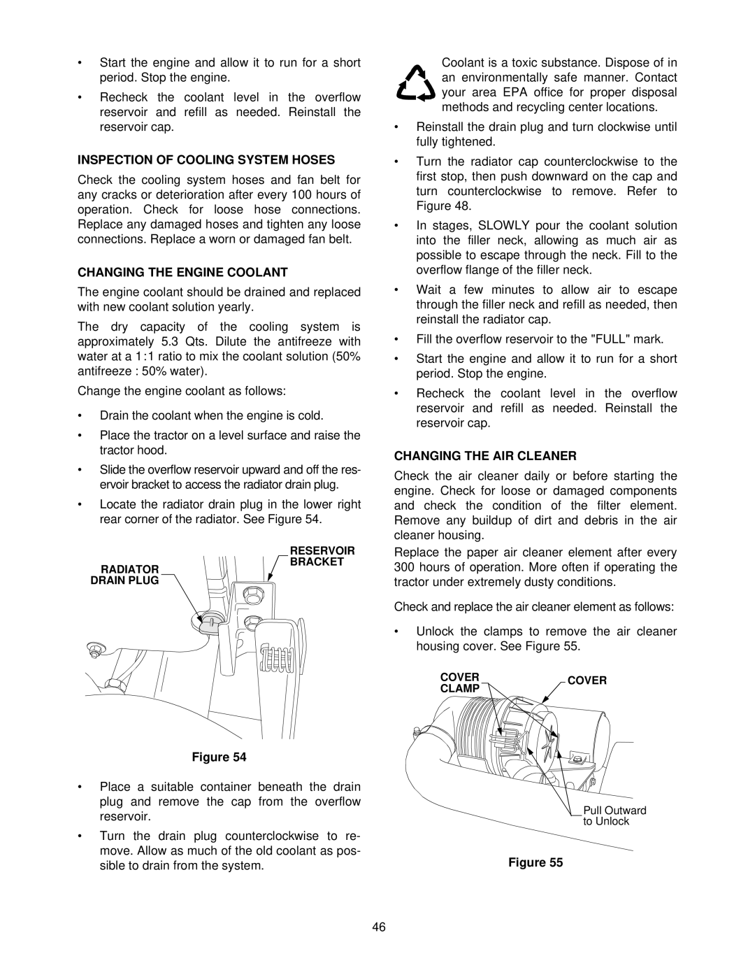 Cub Cadet 7264 manual Inspection of Cooling System Hoses, Changing the Engine Coolant, Changing the AIR Cleaner 