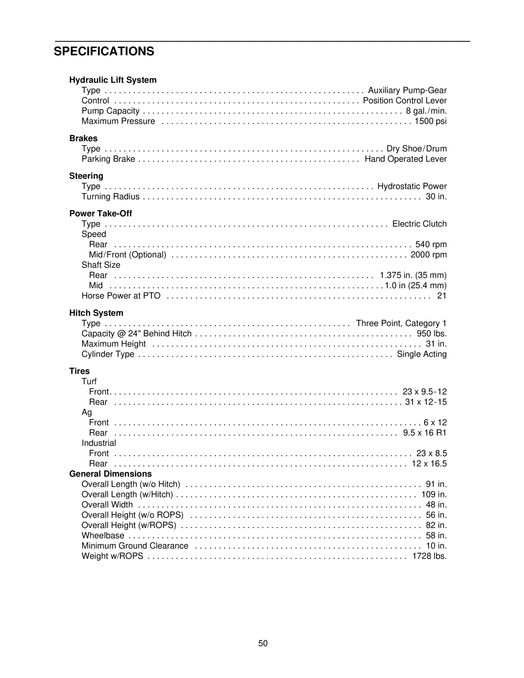 Cub Cadet 7264 manual Hydraulic Lift System, Brakes, Steering, Power Take-Off, Hitch System, Tires, General Dimensions 