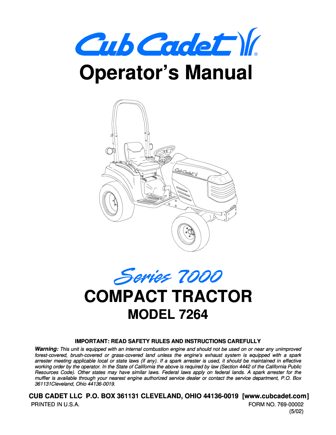 Cub Cadet 7264 manual Model, Important Read Safety Rules And Instructions Carefully, Operator’s Manual, Compact Tractor 