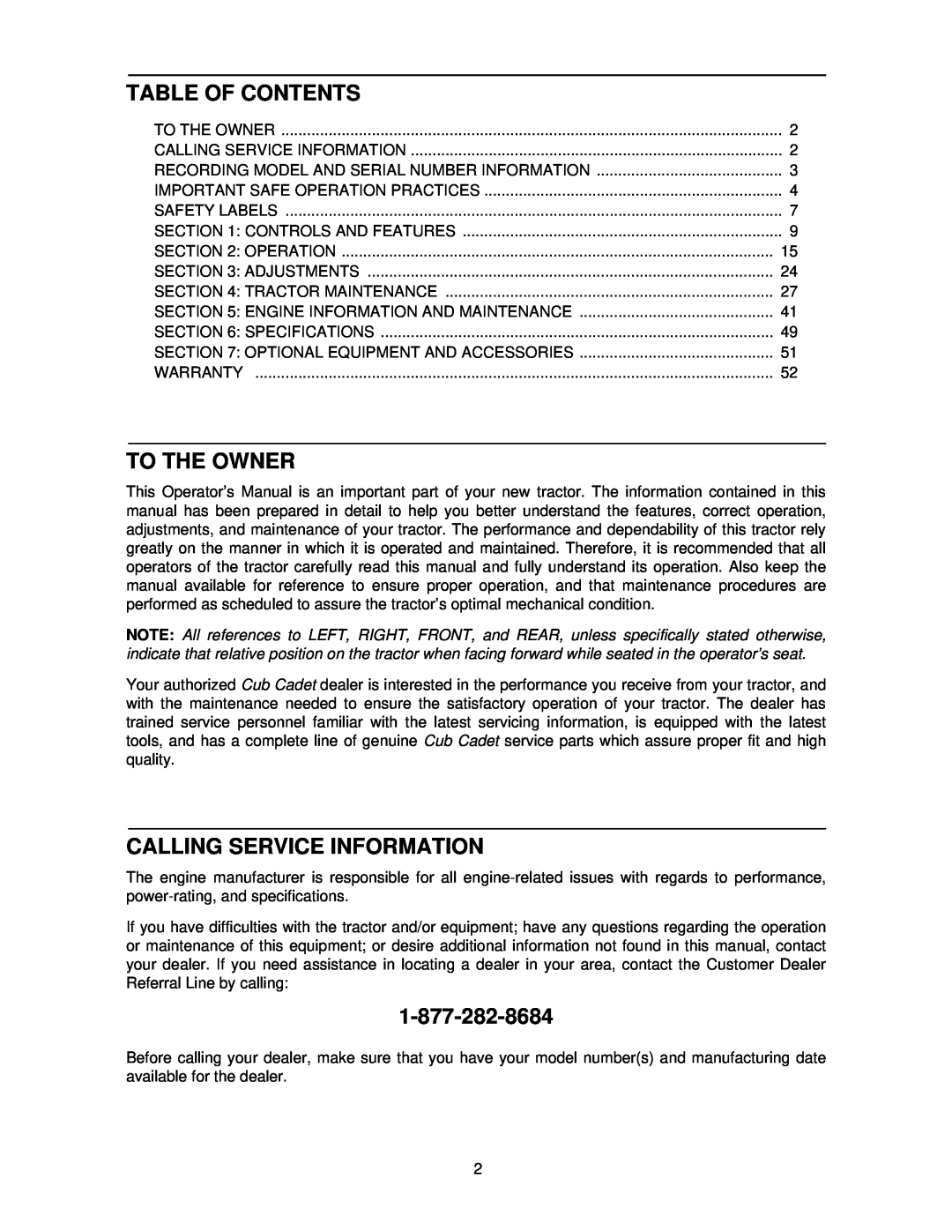 Cub Cadet 7264 manual Table Of Contents, To The Owner, Calling Service Information 