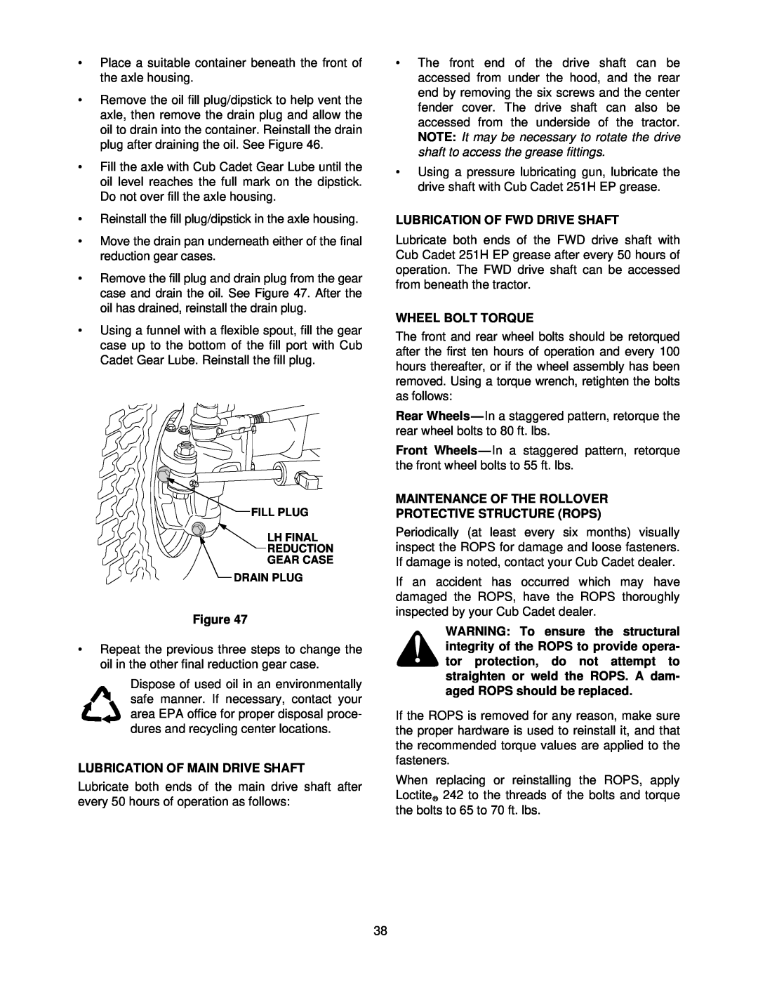 Cub Cadet 7264 manual Lubrication Of Main Drive Shaft, Lubrication Of Fwd Drive Shaft, Wheel Bolt Torque 