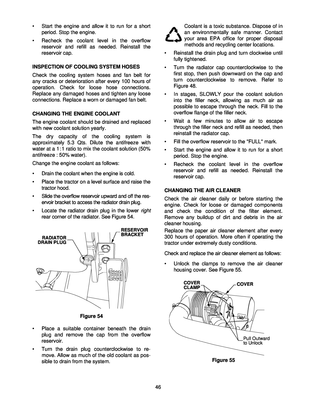 Cub Cadet 7264 manual Inspection Of Cooling System Hoses, Changing The Engine Coolant, Changing The Air Cleaner 