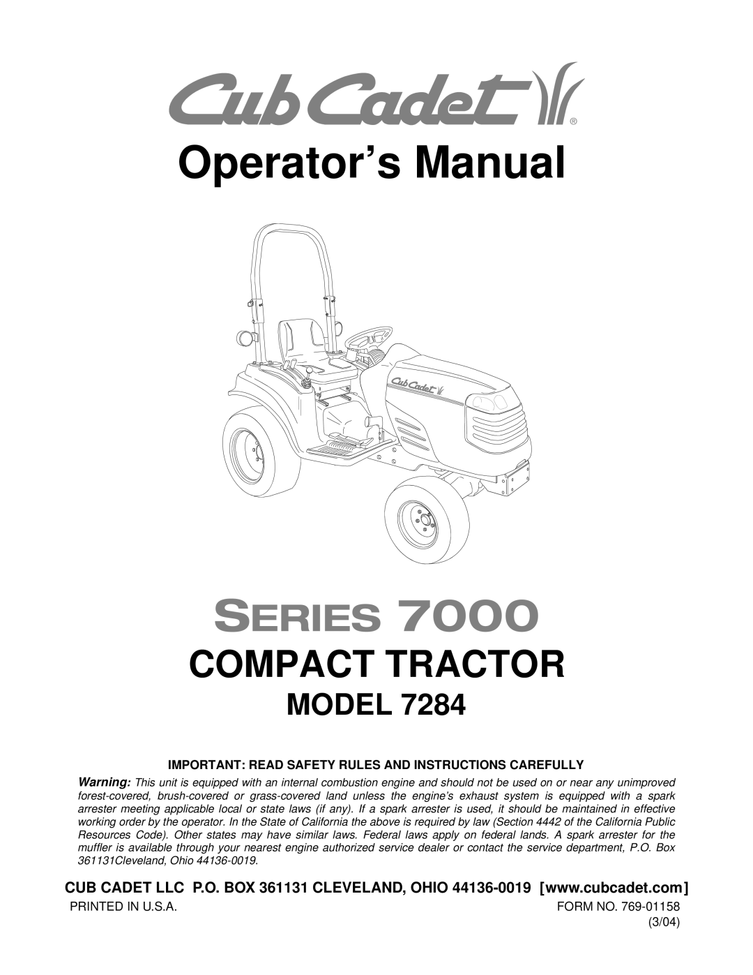 Cub Cadet 7284 manual Operator’s Manual, Important Read Safety Rules and Instructions Carefully 