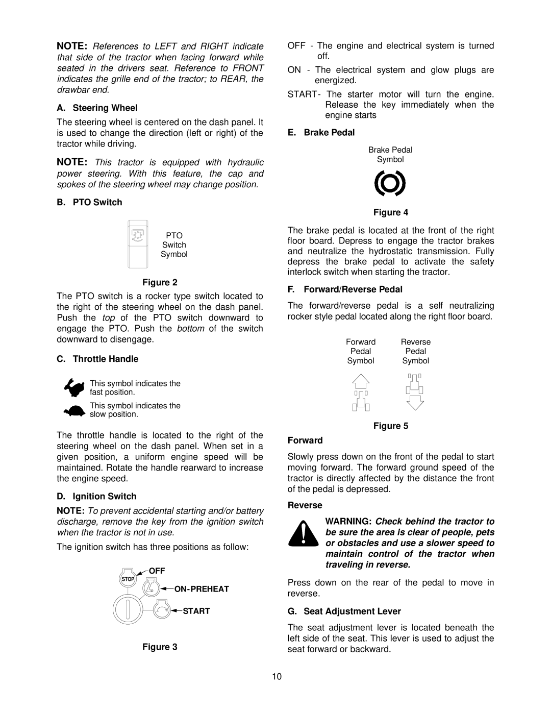 Cub Cadet 7284 manual Steering Wheel, PTO Switch, Throttle Handle, Ignition Switch, Brake Pedal, Forward/Reverse Pedal 
