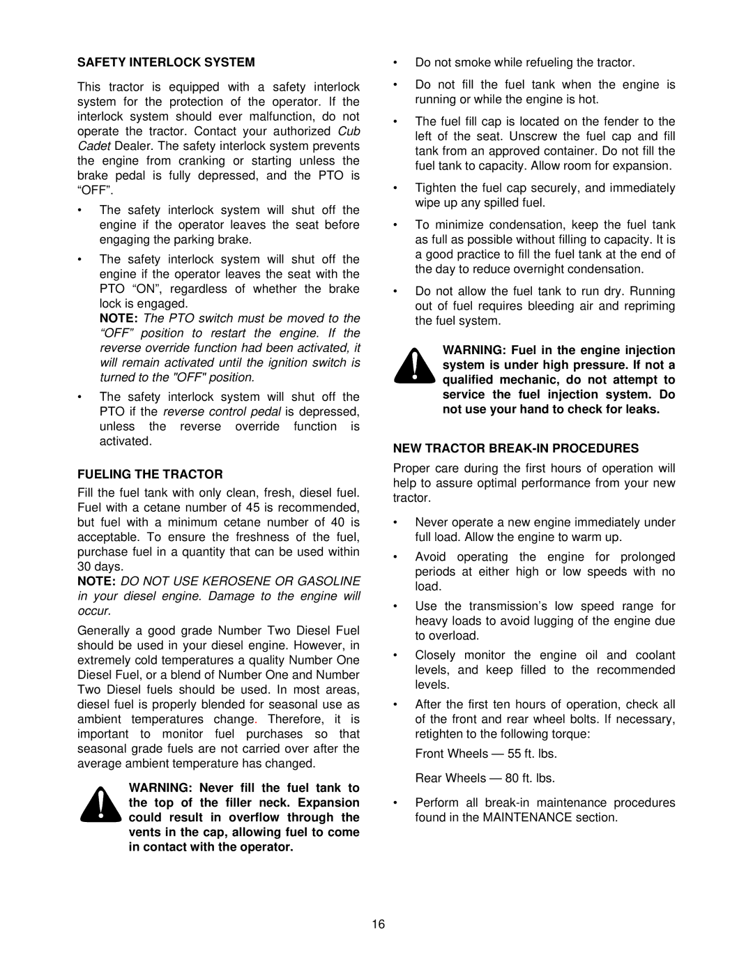 Cub Cadet 7284 manual Safety Interlock System, Fueling the Tractor, NEW Tractor BREAK-IN Procedures 