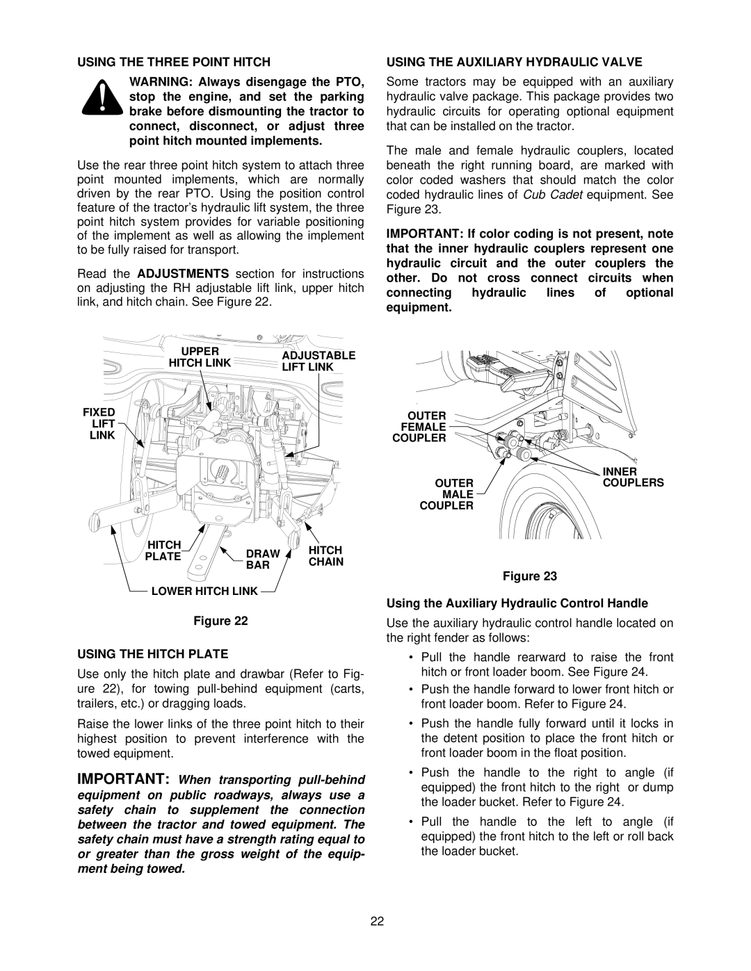 Cub Cadet 7284 manual Using the Three Point Hitch, Using the Auxiliary Hydraulic Valve, Using the Hitch Plate 