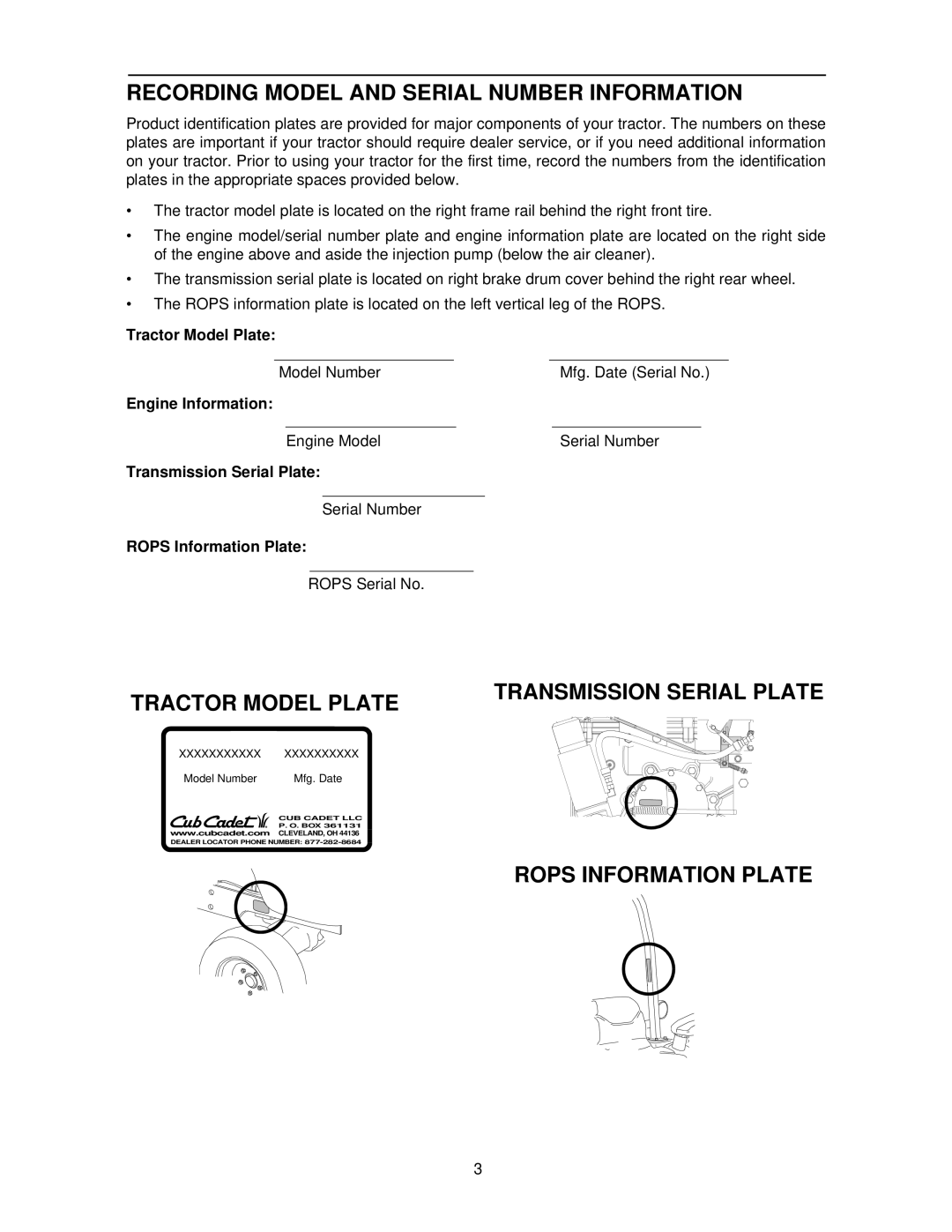 Cub Cadet 7284 manual Recording Model and Serial Number Information, Tractor Model Plate, Rops Information Plate 