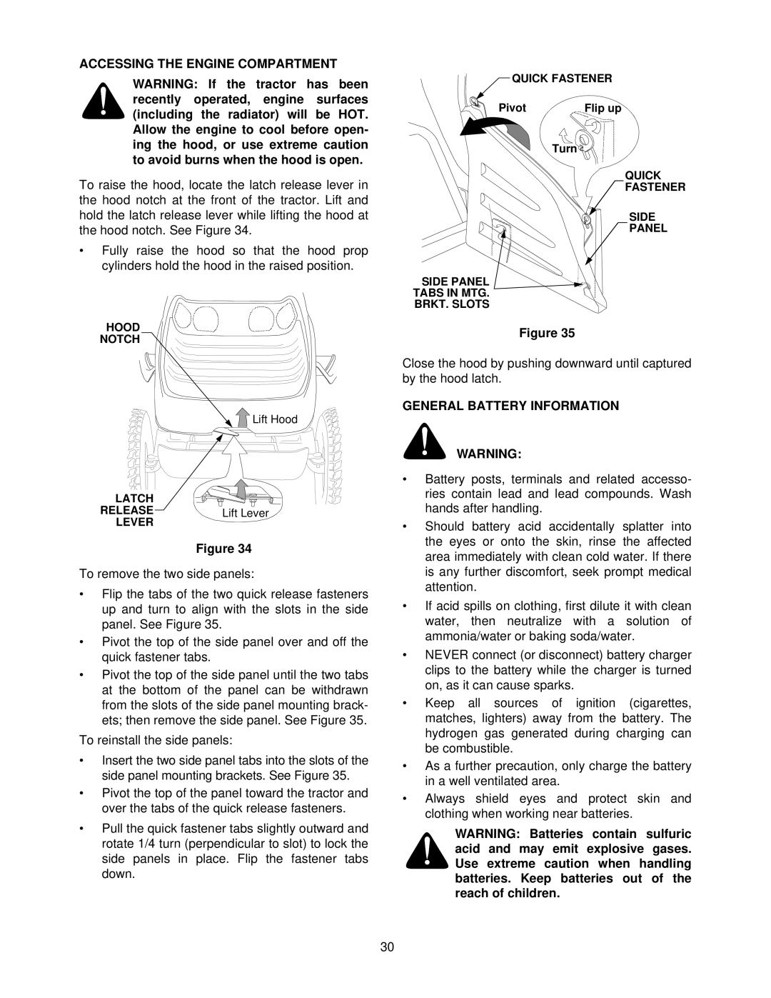 Cub Cadet 7284 manual Accessing the Engine Compartment, General Battery Information 