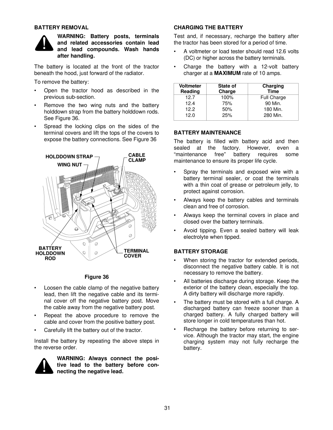 Cub Cadet 7284 manual Battery Removal, Charging the Battery, Battery Maintenance, Battery Storage 