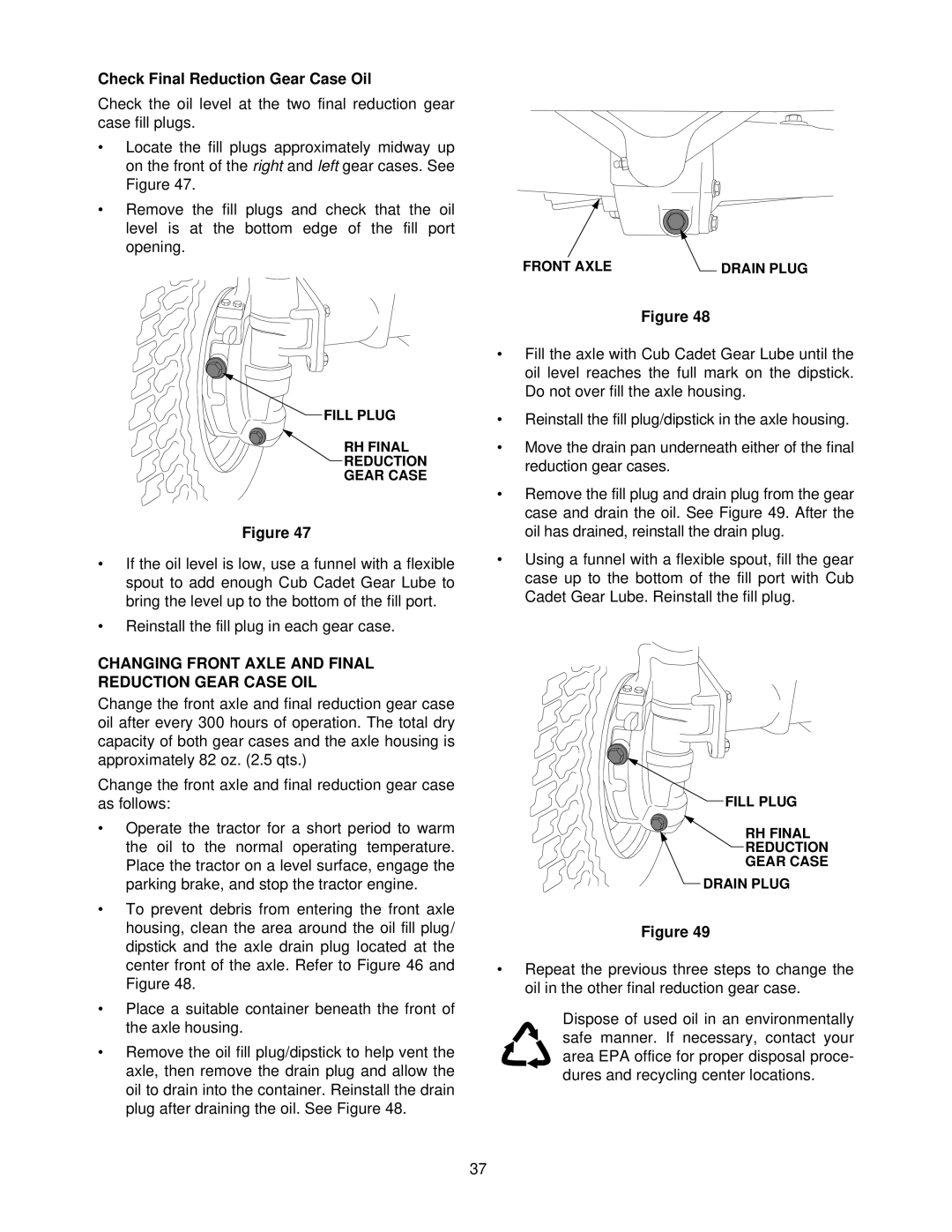 Cub Cadet 7284 manual Check Final Reduction Gear Case Oil, Changing Front Axle and Final Reduction Gear Case OIL 