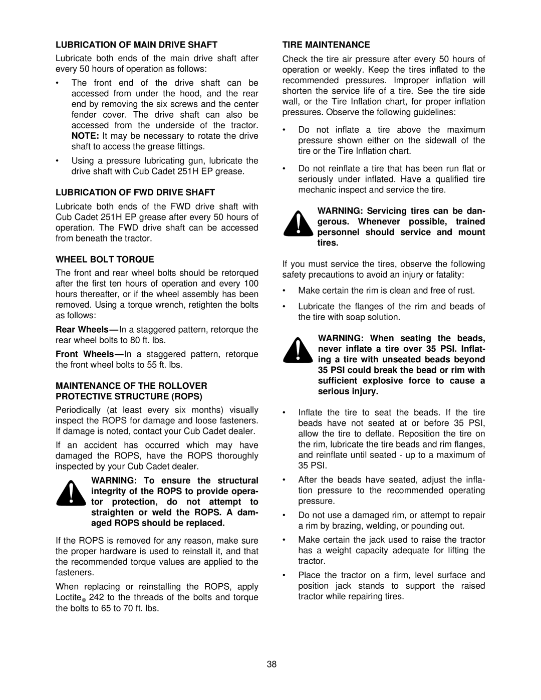 Cub Cadet 7284 manual Lubrication of Main Drive Shaft, Lubrication of FWD Drive Shaft, Wheel Bolt Torque, Tire Maintenance 