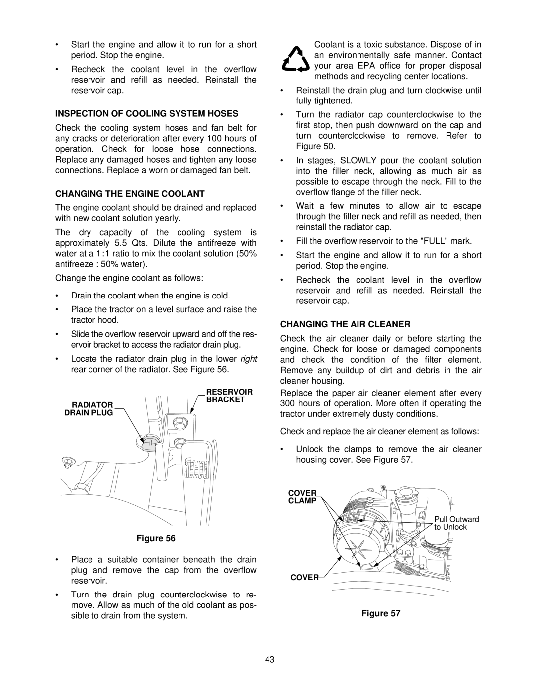 Cub Cadet 7284 manual Inspection of Cooling System Hoses, Changing the Engine Coolant, Changing the AIR Cleaner 