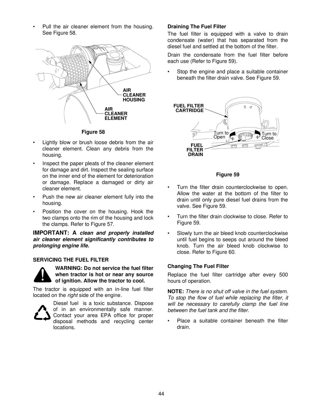 Cub Cadet 7284 manual Servicing the Fuel Filter, Draining The Fuel Filter, Changing The Fuel Filter 