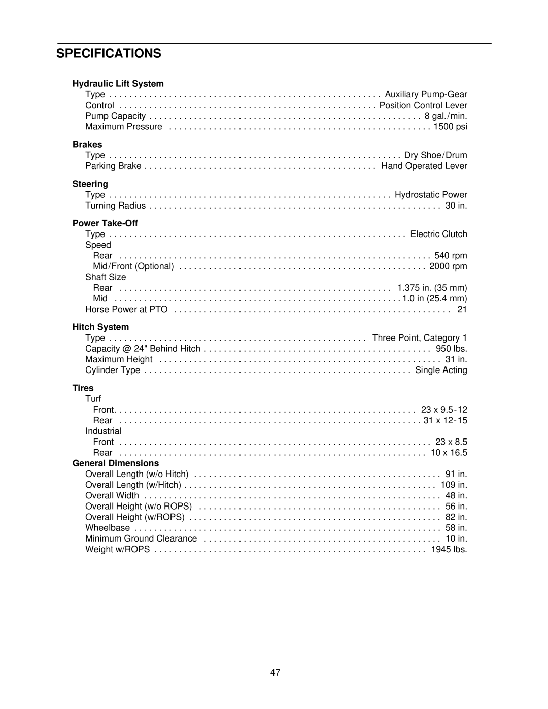 Cub Cadet 7284 manual Hydraulic Lift System, Brakes, Steering, Power Take-Off, Hitch System, Tires, General Dimensions 