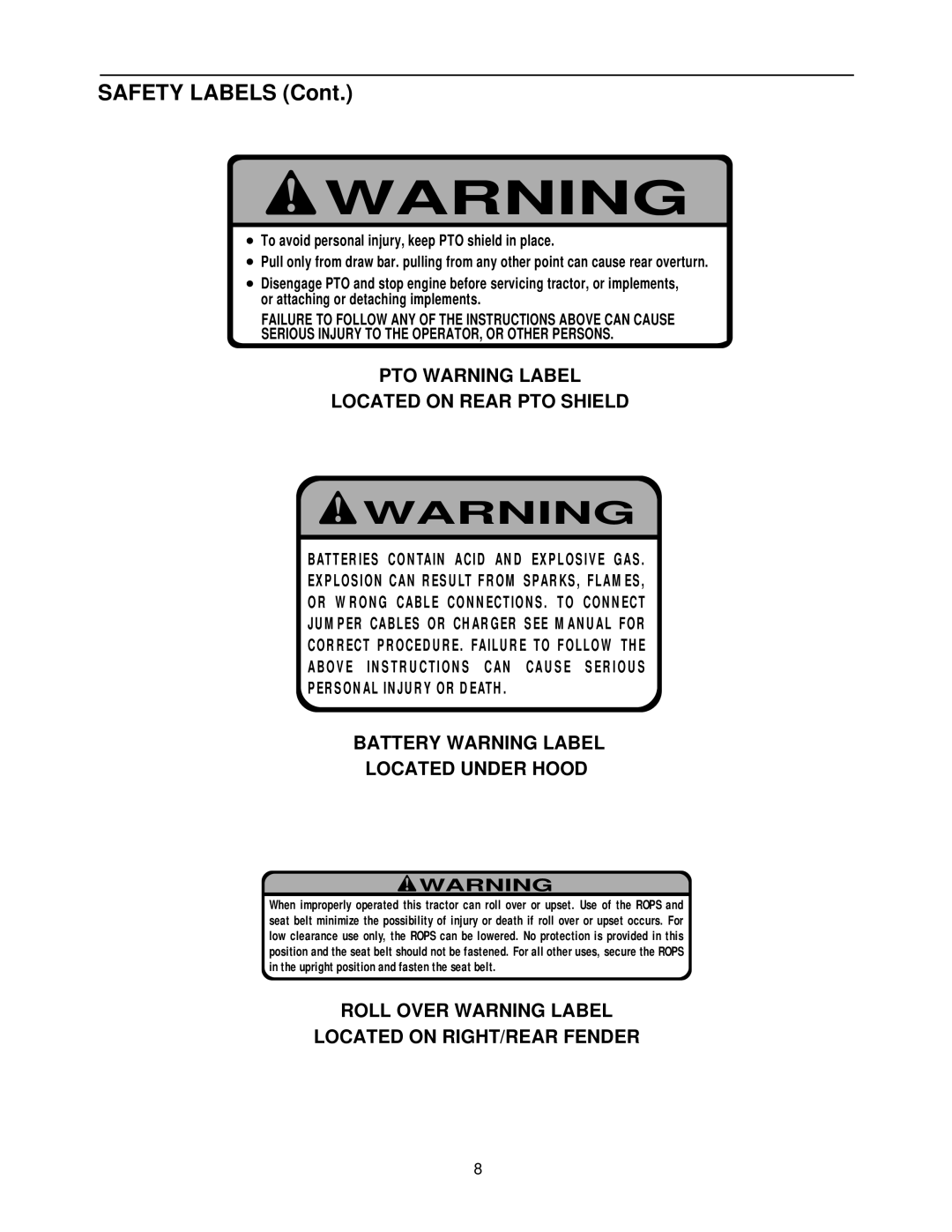 Cub Cadet 7284 manual PTO Warning Label Located on Rear PTO Shield, Battery Warning Label Located Under Hood 