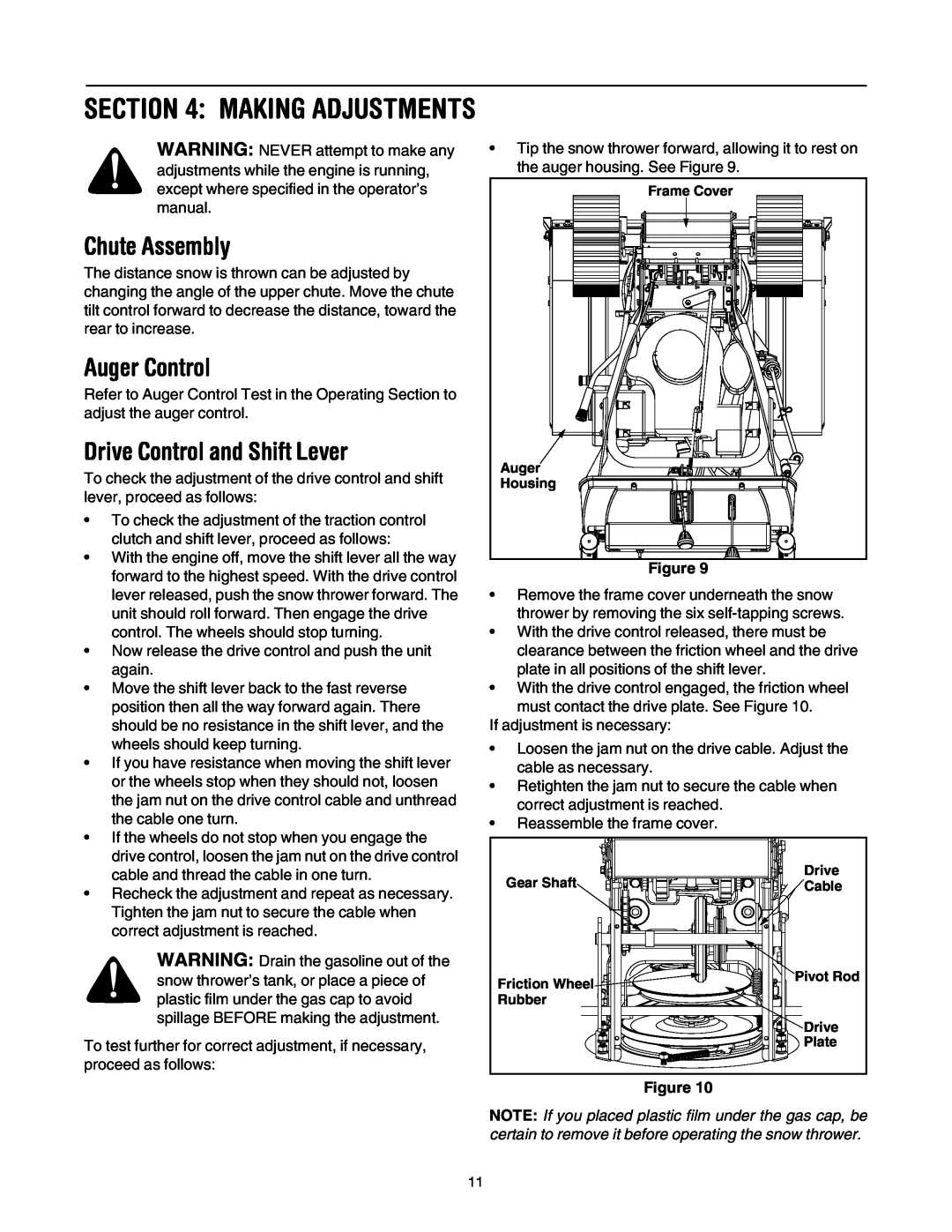 Cub Cadet 730 STE manual Chute Assembly, Auger Control, Drive Control and Shift Lever, Making Adjustments 