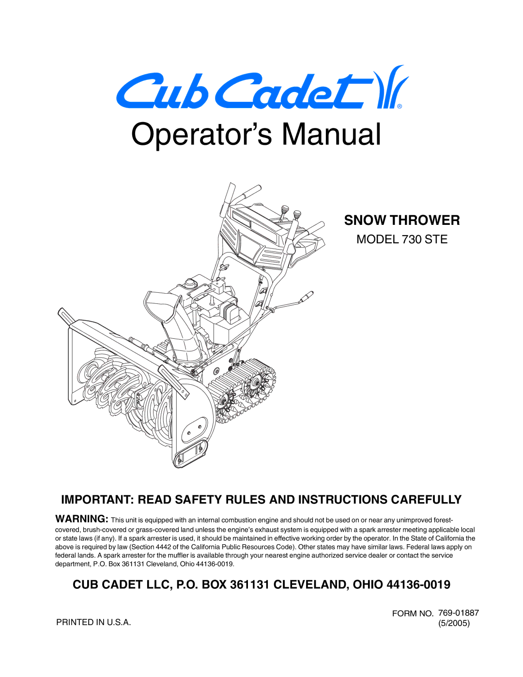 Cub Cadet 730 STE manual Operator’s Manual 