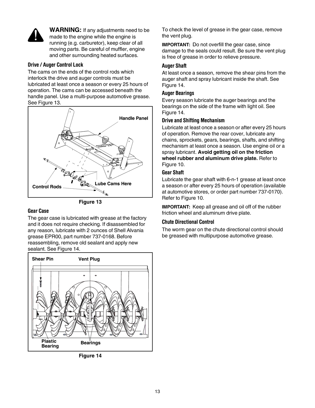 Cub Cadet 730 STE manual Drive / Auger Control Lock, Gear Case, Auger Shaft, Auger Bearings, Drive and Shifting Mechanism 