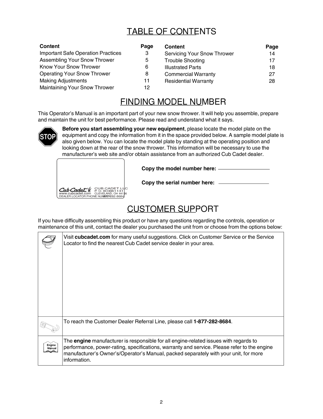 Cub Cadet 730 STE manual Table of Contents 