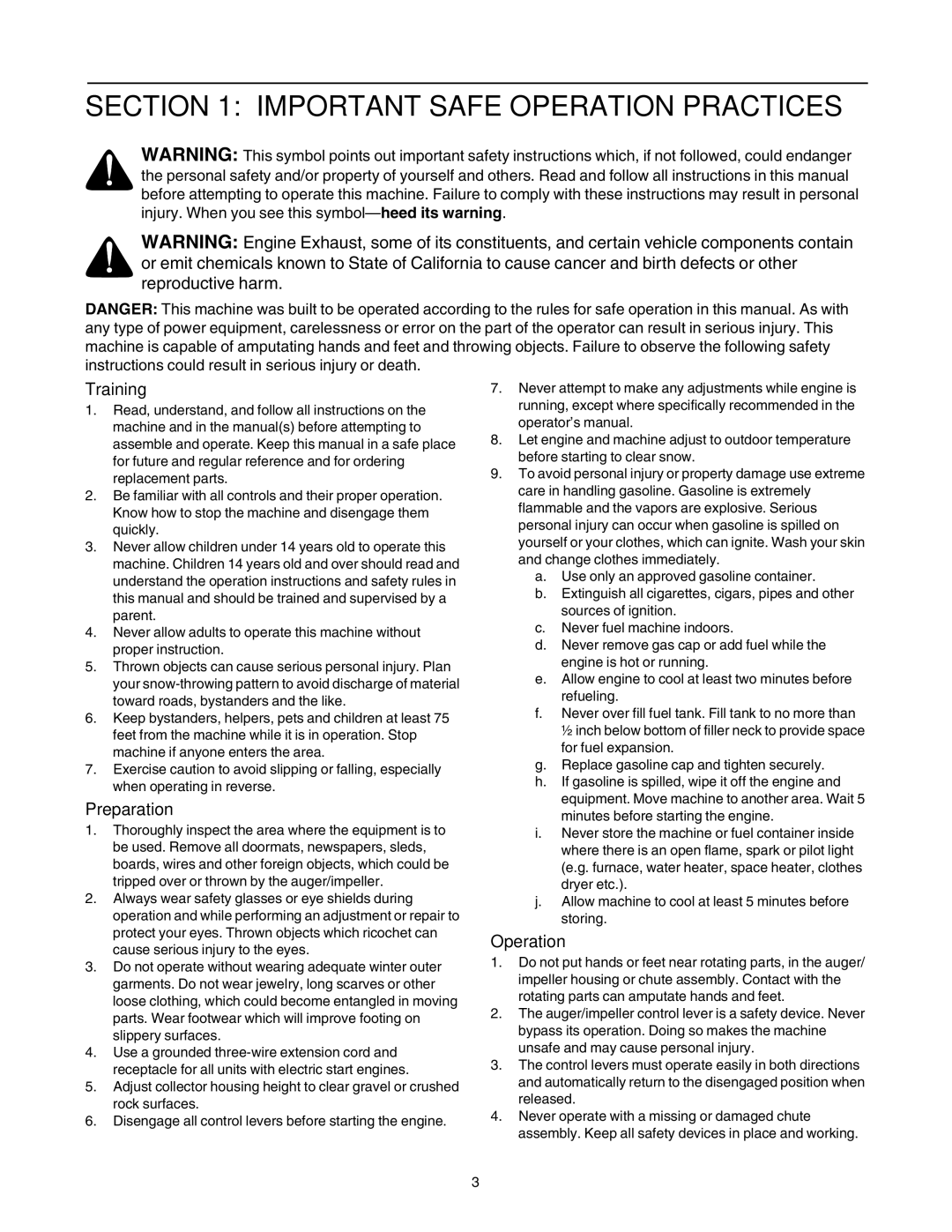 Cub Cadet 730 STE manual Important Safe Operation Practices, Training, Preparation 