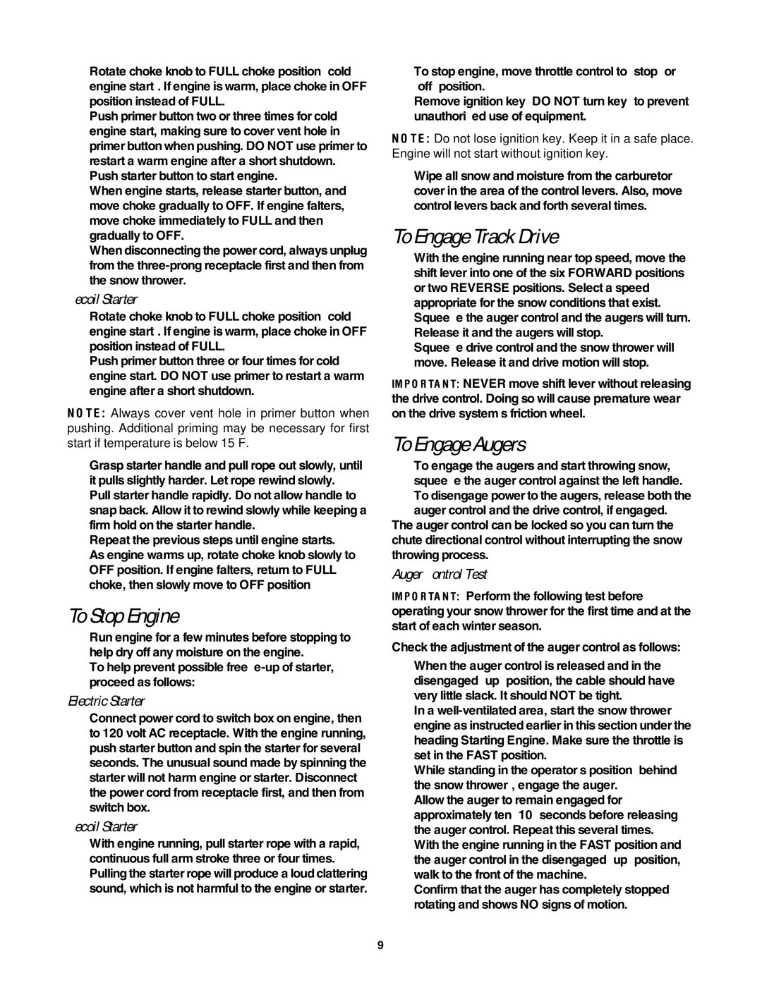 Cub Cadet 730 STE manual To Stop Engine, To Engage Track Drive, To Engage Augers, Recoil Starter, Auger Control Test 