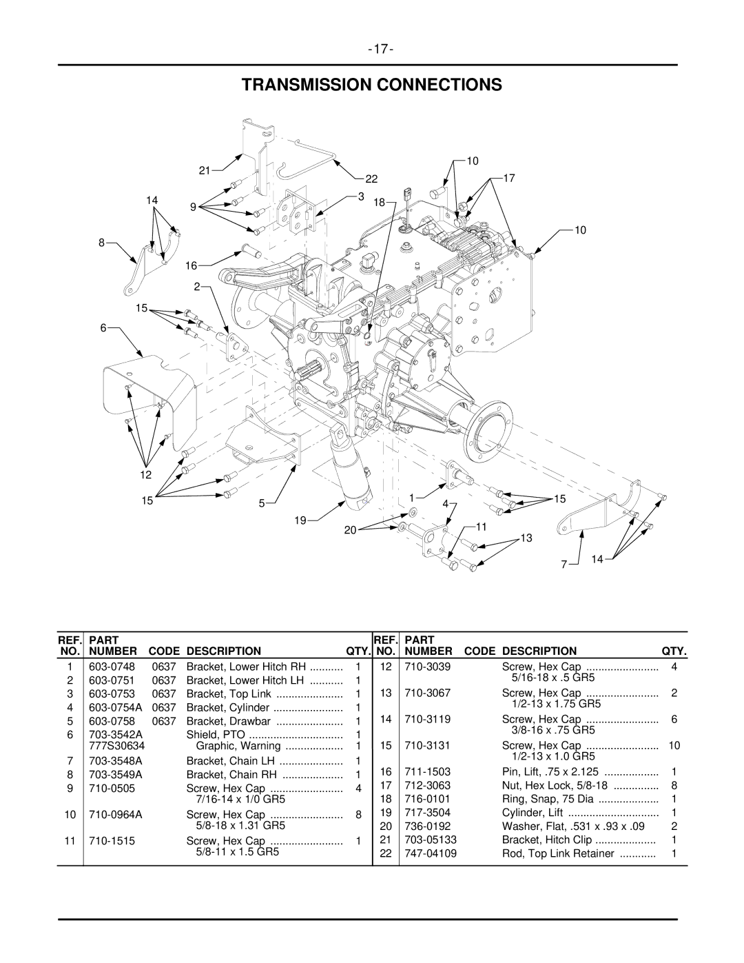 Cub Cadet 7304 manual Transmission Connections, Part Number Code Description QTY. no 