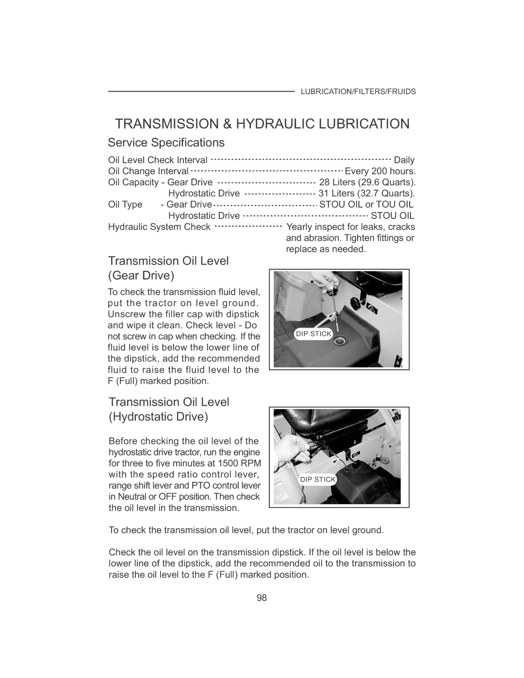 Cub Cadet 7530, 7532 manual Transmission & Hydraulic Lubrication, Transmission Oil Level Gear Drive, Stou OIL 