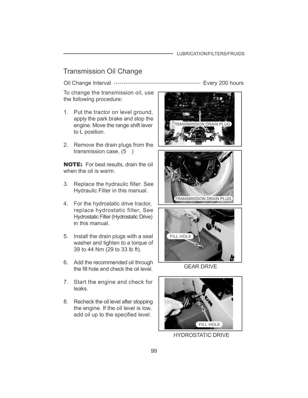 Cub Cadet 7532, 7530 manual Transmission Oil Change, Start the engine and check for leaks 