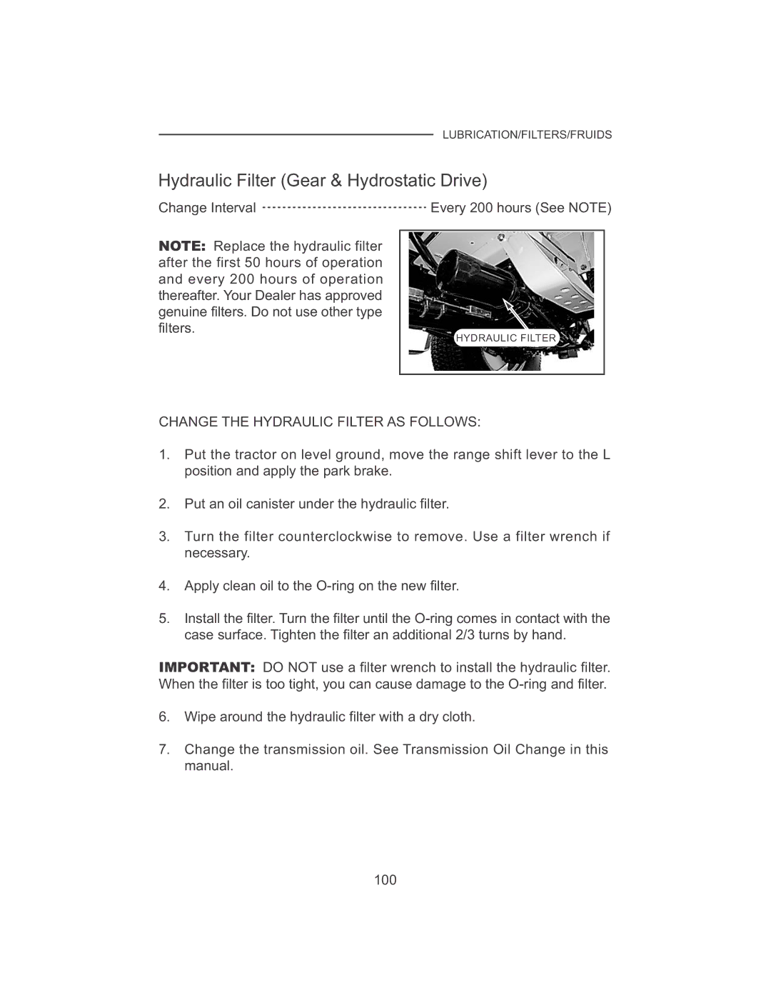 Cub Cadet 7530, 7532 manual Hydraulic Filter Gear & Hydrostatic Drive, Change the Hydraulic Filter AS Follows 