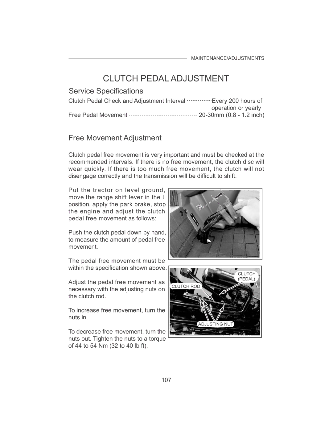 Cub Cadet 7532, 7530 manual Clutch Pedal Adjustment, Free Movement Adjustment 