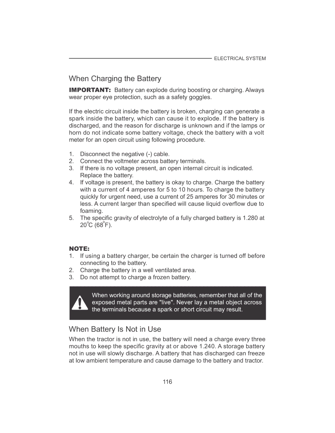 Cub Cadet 7530, 7532 manual When Charging the Battery, When Battery Is Not in Use 