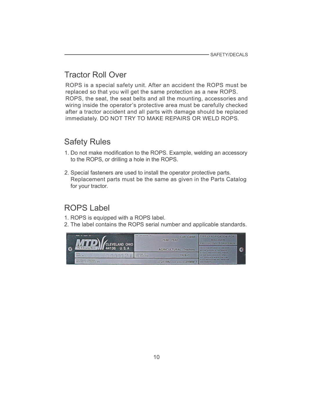 Cub Cadet 7530, 7532 manual Tractor Roll Over 