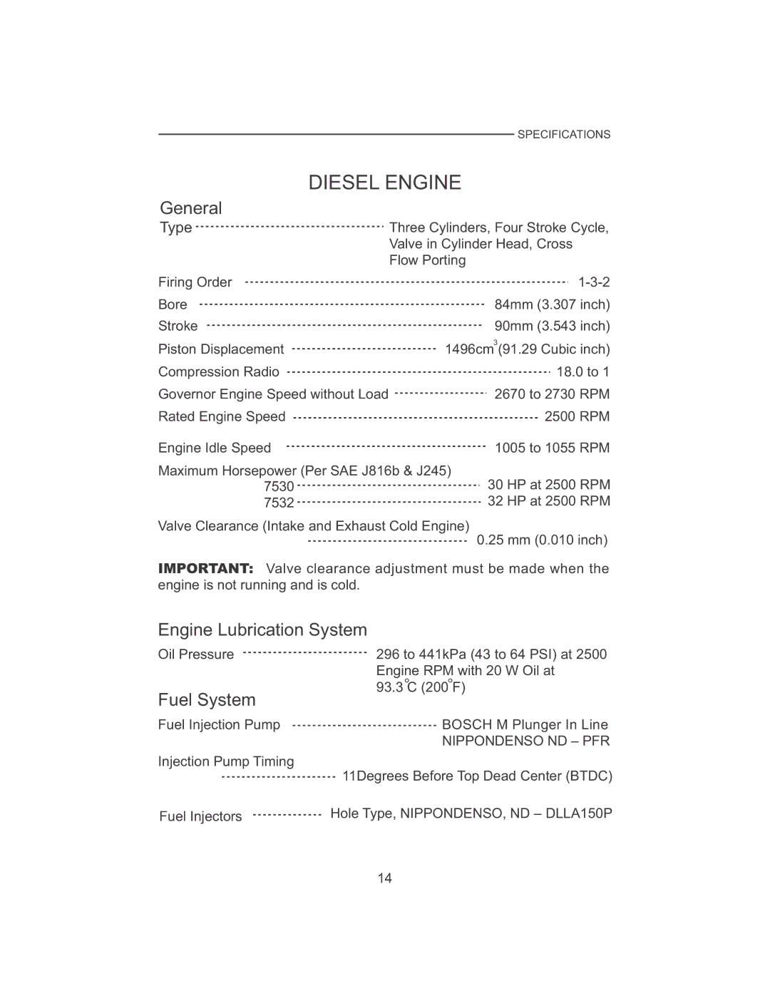 Cub Cadet 7530, 7532 manual Diesel Engine, General, Engine Lubrication System, Fuel System, Nippondenso ND PFR 